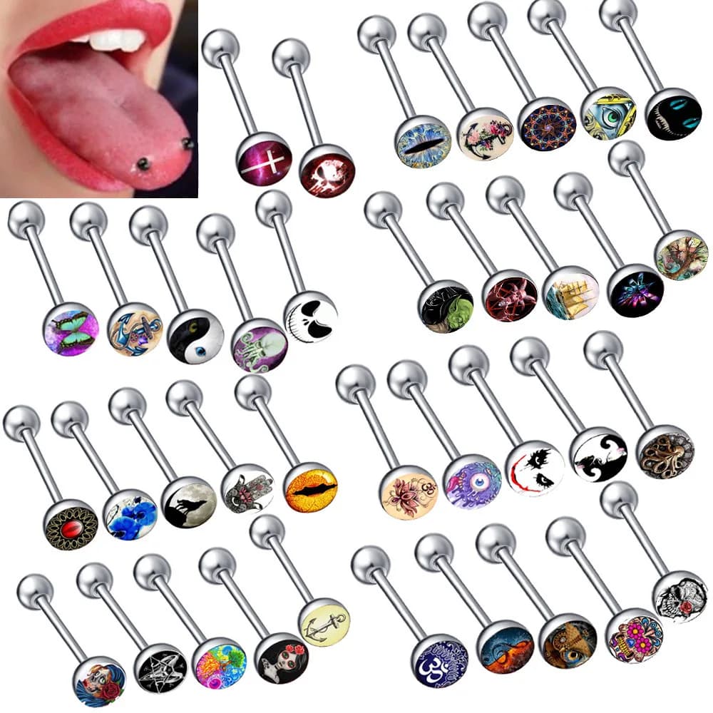 Bulk Mixed Random Pattern 16/19/22mmTongue Bar Barbell 5mm/7mm Ball Surgical Steel Body Piercing 14g 1.6mm