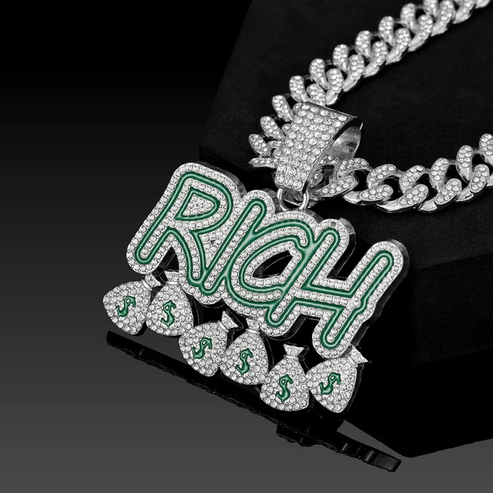 Hip Hop Men Women Become Rich Money Bag Pendant Necklace，With 13mm Miami Cuban Link Chain Necklaces Trendy Dollar Sign Neck Wear