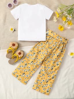 Girls Summer 2-Piece Set Cartoon Print T-Shirt & Floral Straight Leg Pants Breathable Kids Clothing Casual Outfit Fashion