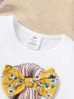 Girls Summer 2-Piece Set Cartoon Print T-Shirt & Floral Straight Leg Pants Breathable Kids Clothing Casual Outfit Fashion