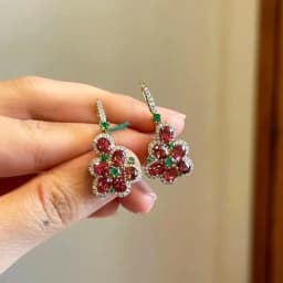 Sweet Dazzling Pastoral Style Showy Red Gem Flower Earrings for Women rings Small Exquisite Earings Wedding jewellery set