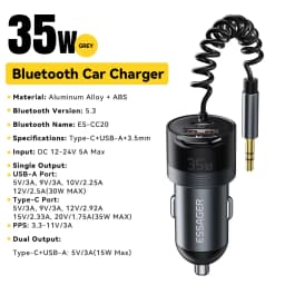 Essager 35W Dual Port Car Charger Bluetooth 5.3 AUX Retractable 3.5mm Jack Cable Fast Charge for iPhone 16 Huawei Xiaomi Samsung