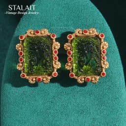 Rectangle Gold Color Green Earrings Studs Antique Relief Palace Glass Luxury Woman Elegant Wedding Charm Vintage Jewelry 2025