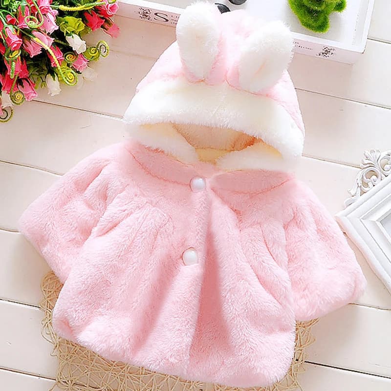 Winter Kids Jacket Newborn Girls Clothes Korean Cartoon Cute Hooded Thick Warm Fake Fur Fleece Pink Baby Tops Toddler Coat BC719