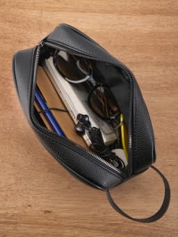 Men's PU Leather Hand Carry Bag - Lightweight Textured Design w/ Detachable Wrist Strap, Zippered Pocket Organizer Fits Essentia