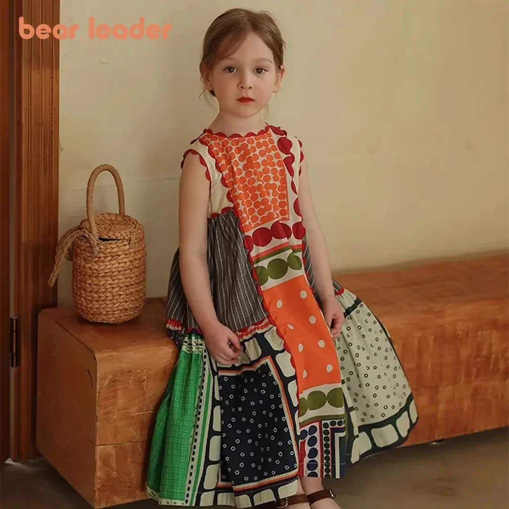 Bear Leader Summer Fashion Girls Casual Dresses Sleeveless Geometric Print Vest Dress Bohemian Style Holiday Children's Clothing