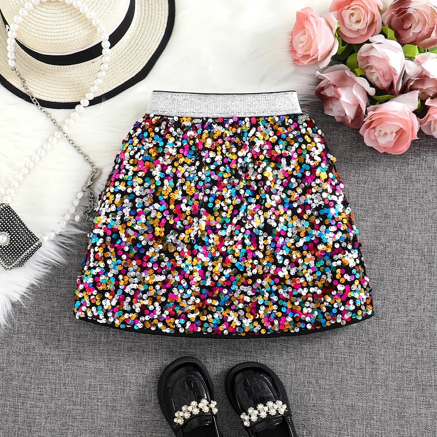 Spring and Autumn New Shiny Sequin A-line High-Waist Skirt for Girls; Single Piece