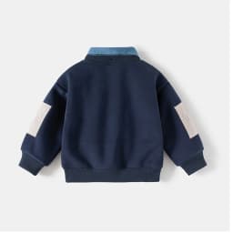 Spring Children Clothes Sweatshirt for Boys Denim Collar Fleece Pullover with Patch Pocket Casual Kids Top Long Sleeve T-shirt