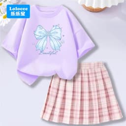 4-14Y Girl School Outfits Short Sleeve Heart Shape T-shirt and Elastic Waist Plaid Skirt 2pcs Sets For Children Preppy style