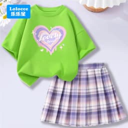 4-14Y Girl School Outfits Short Sleeve Heart Shape T-shirt and Elastic Waist Plaid Skirt 2pcs Sets For Children Preppy style