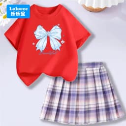 4-14Y Girl School Outfits Short Sleeve Heart Shape T-shirt and Elastic Waist Plaid Skirt 2pcs Sets For Children Preppy style