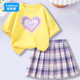 4-14Y Girl School Outfits Short Sleeve Heart Shape T-shirt and Elastic Waist Plaid Skirt 2pcs Sets For Children Preppy style