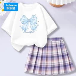 4-14Y Girl School Outfits Short Sleeve Heart Shape T-shirt and Elastic Waist Plaid Skirt 2pcs Sets For Children Preppy style