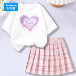 4-14Y Girl School Outfits Short Sleeve Heart Shape T-shirt and Elastic Waist Plaid Skirt 2pcs Sets For Children Preppy style