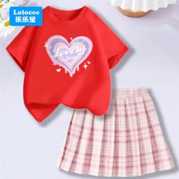 4-14Y Girl School Outfits Short Sleeve Heart Shape T-shirt and Elastic Waist Plaid Skirt 2pcs Sets For Children Preppy style