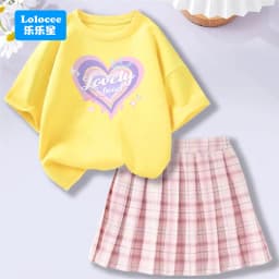 4-14Y Girl School Outfits Short Sleeve Heart Shape T-shirt and Elastic Waist Plaid Skirt 2pcs Sets For Children Preppy style