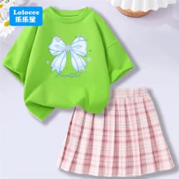 4-14Y Girl School Outfits Short Sleeve Heart Shape T-shirt and Elastic Waist Plaid Skirt 2pcs Sets For Children Preppy style