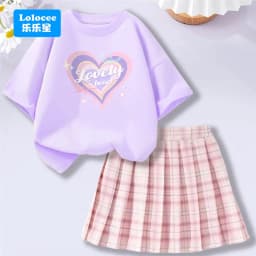 4-14Y Girl School Outfits Short Sleeve Heart Shape T-shirt and Elastic Waist Plaid Skirt 2pcs Sets For Children Preppy style