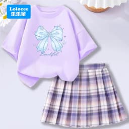 4-14Y Girl School Outfits Short Sleeve Heart Shape T-shirt and Elastic Waist Plaid Skirt 2pcs Sets For Children Preppy style