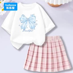 4-14Y Girl School Outfits Short Sleeve Heart Shape T-shirt and Elastic Waist Plaid Skirt 2pcs Sets For Children Preppy style