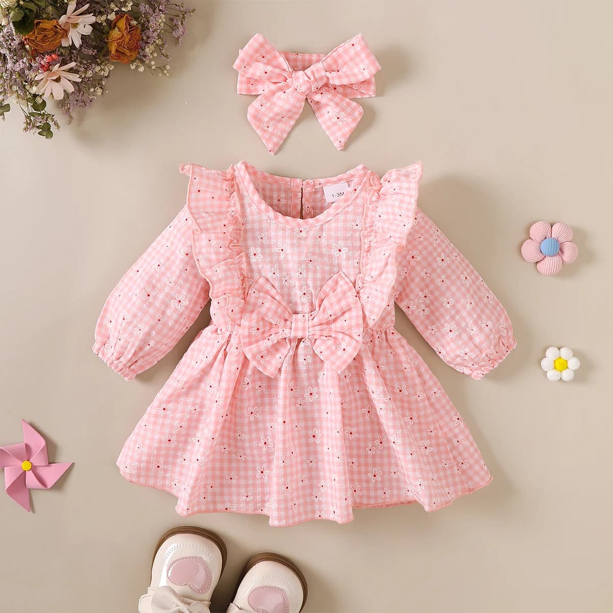 Baby Girl Sweet Dress Round Neck Small Floral Plaid Long Sleeved Dress Suitable for 0-18 Months Cute Baby Girl Autumn Dress