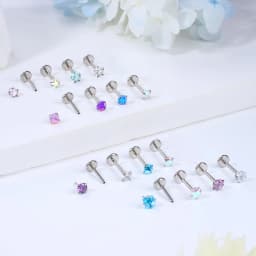 16 Pcs 20G 18G Threadless Push in Earring Studs Labret Lip Studs Surgical Steel 3mm Crystal Opal Nostril Piercing Jewelry