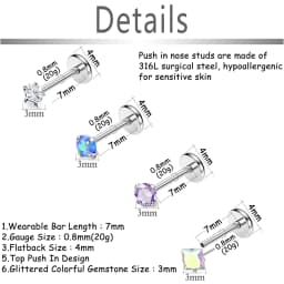 16 Pcs 20G 18G Threadless Push in Earring Studs Labret Lip Studs Surgical Steel 3mm Crystal Opal Nostril Piercing Jewelry