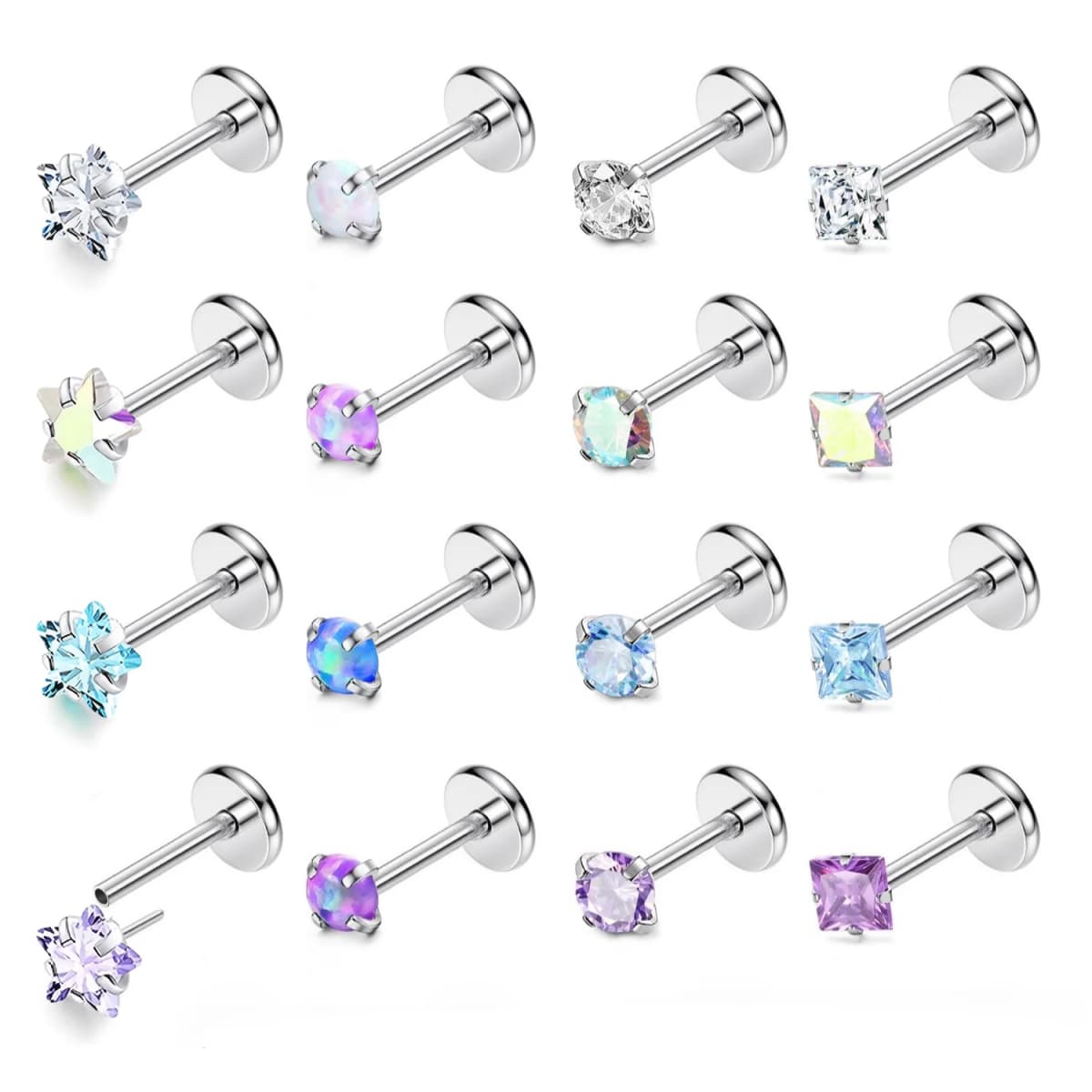 16 Pcs 20G 18G Threadless Push in Earring Studs Labret Lip Studs Surgical Steel 3mm Crystal Opal Nostril Piercing Jewelry
