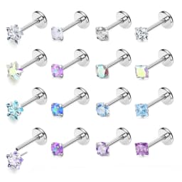 16 Pcs 20G 18G Threadless Push in Earring Studs Labret Lip Studs Surgical Steel 3mm Crystal Opal Nostril Piercing Jewelry