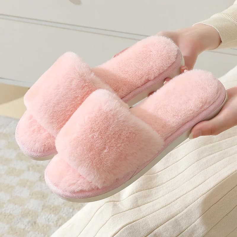 Women's Winter Open Toe House Slippers Fluffy Faux Fur Cross Strap Plush Slides Woman Solid Color Cozy Non Slip Indoor Slippers