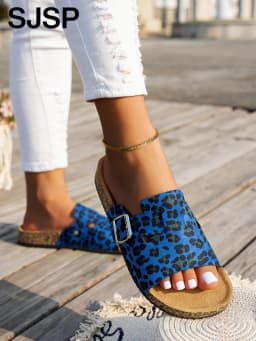 Four-Season Open-Toe Sandals for Outdoor Wear, New Spring and Autumn Women's Sandals, Simple, Casual, Fashionable, Versatile, Blue and Brown Cork Sole Sandals, Animal Print Leopard Print Slide Sandals with Adjustable Buckle Straps, Casual Open-Toe Flat Shoes Suitable for Beach and Outdoor Relaxation, Outdoor Sandals | Adjustable Sandals | Cork Soles