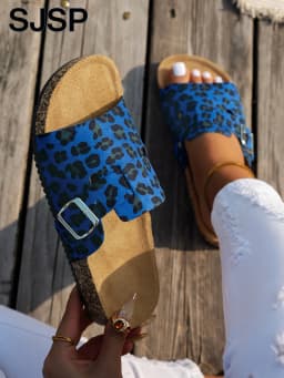 Four-Season Open-Toe Sandals for Outdoor Wear, New Spring and Autumn Women's Sandals, Simple, Casual, Fashionable, Versatile, Blue and Brown Cork Sole Sandals, Animal Print Leopard Print Slide Sandals with Adjustable Buckle Straps, Casual Open-Toe Flat Shoes Suitable for Beach and Outdoor Relaxation, Outdoor Sandals | Adjustable Sandals | Cork Soles
