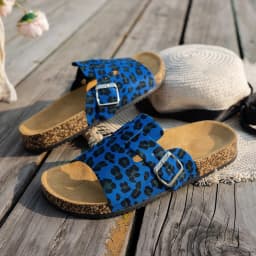 Four-Season Open-Toe Sandals for Outdoor Wear, New Spring and Autumn Women's Sandals, Simple, Casual, Fashionable, Versatile, Blue and Brown Cork Sole Sandals, Animal Print Leopard Print Slide Sandals with Adjustable Buckle Straps, Casual Open-Toe Flat Shoes Suitable for Beach and Outdoor Relaxation, Outdoor Sandals | Adjustable Sandals | Cork Soles