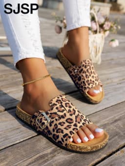 Four-Season Open-Toe Sandals for Outdoor Wear, New Spring and Autumn Women's Sandals, Simple, Casual, Fashionable, Versatile, Blue and Brown Cork Sole Sandals, Animal Print Leopard Print Slide Sandals with Adjustable Buckle Straps, Casual Open-Toe Flat Shoes Suitable for Beach and Outdoor Relaxation, Outdoor Sandals | Adjustable Sandals | Cork Soles