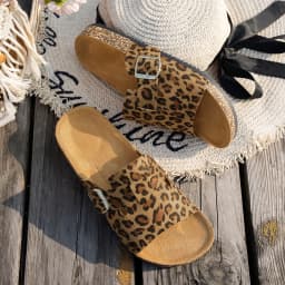 Four-Season Open-Toe Sandals for Outdoor Wear, New Spring and Autumn Women's Sandals, Simple, Casual, Fashionable, Versatile, Blue and Brown Cork Sole Sandals, Animal Print Leopard Print Slide Sandals with Adjustable Buckle Straps, Casual Open-Toe Flat Shoes Suitable for Beach and Outdoor Relaxation, Outdoor Sandals | Adjustable Sandals | Cork Soles