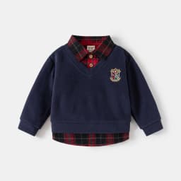 2026 Spring Children Clothes Hoodie Boys Preppy Style Fake Two-Piece Sweatshirt Plaid Collar Long Sleeve Embroidered Boys Top