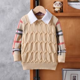 Boys' College Style Sweater Fake Two Fried Dough Twists Knitted Pullovers Suitable for School Daily Spring Autumn Winter