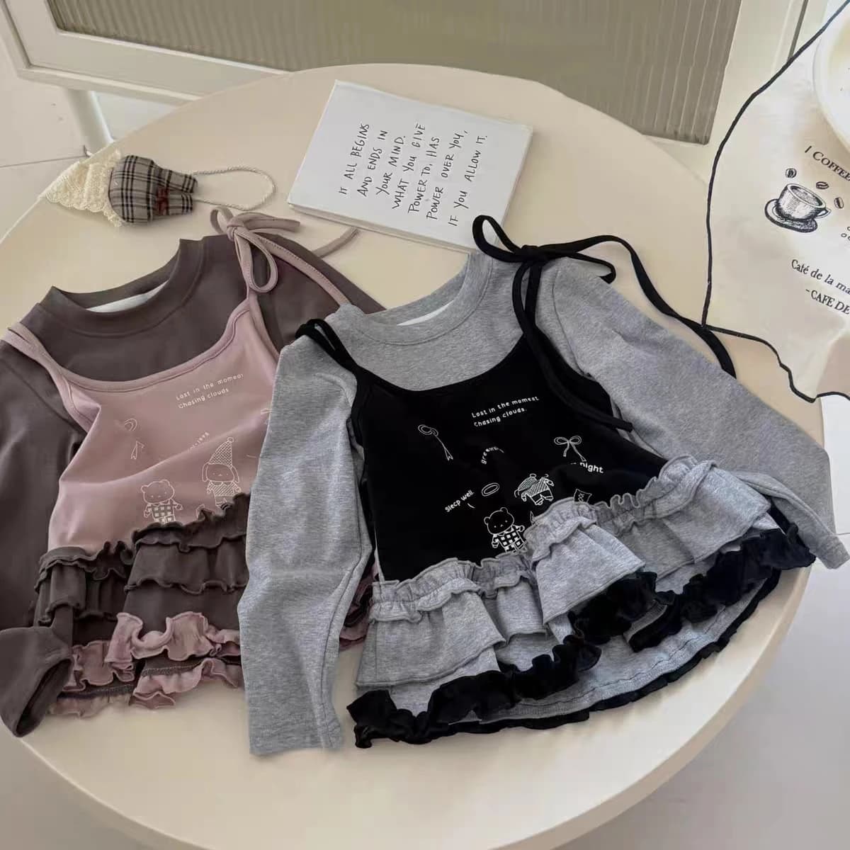 Q2693 New Arrival Korean Style Cartoon Girls' Long Sleeve T-Shirt with Lace Trim Base Shirt Autumn Fashion for Kids