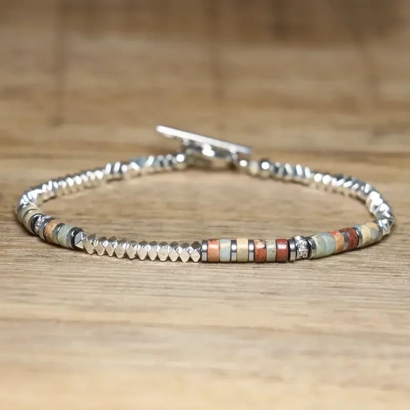 1 Pc Minimalist OT Clasp Stainless Steel Bracelet for Women Natural Stone Handmade Production Picasso Hematite Women Jewelry