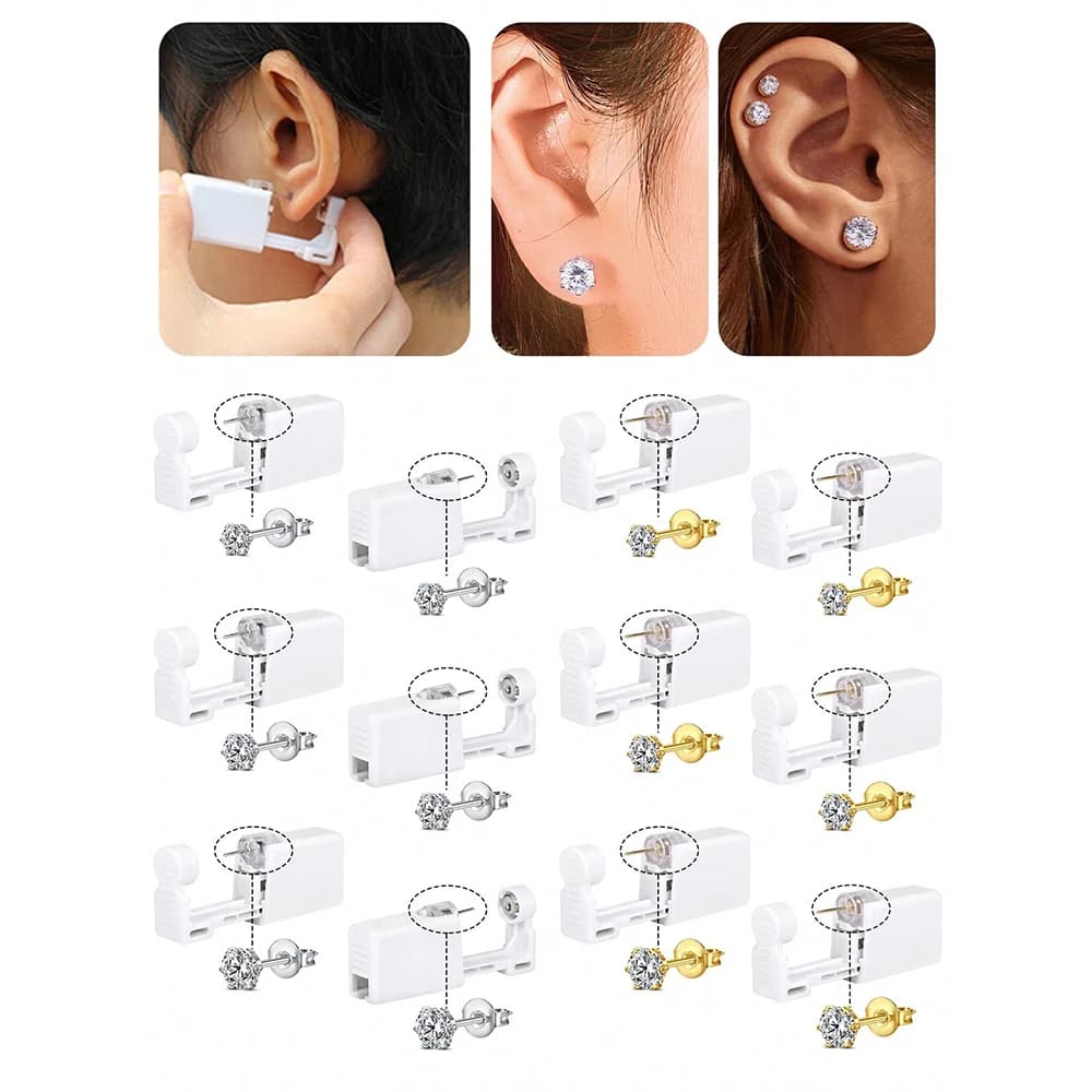 8Pcs Ear Piercing Gun Kit Disposable Self Piercing Earrings At Home Earring Gun Piercing Kits With Earring Studs Small Ball CZ