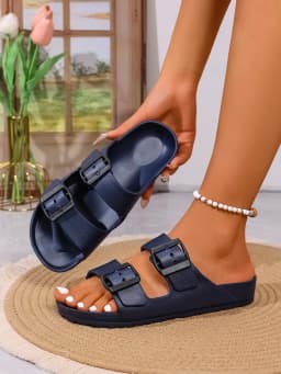 Women's Youth Mules New Summer Retro Casual Slip-On Shoes Eva One-Piece Double-Bar Half-Slip Flat Slippers with Adjustable Buckle