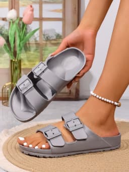 Women's Youth Mules New Summer Retro Casual Slip-On Shoes Eva One-Piece Double-Bar Half-Slip Flat Slippers with Adjustable Buckle