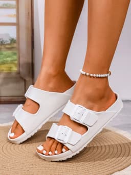 Women's Youth Mules New Summer Retro Casual Slip-On Shoes Eva One-Piece Double-Bar Half-Slip Flat Slippers with Adjustable Buckle