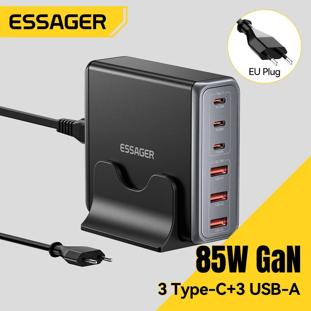 Essager 85W GaN Charger 6 Ports USB Type C Desktop Charger PD Fast Charging Station For iPhone 17/16/15 Samsung S24 Laptop iPad