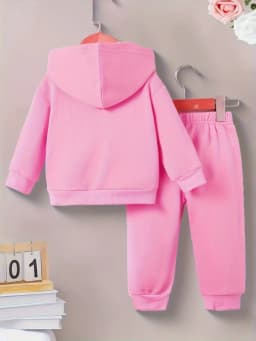 A cute two-piece set of cartoon printed fleece hooded long-sleeved sweatshirts and sweatpants for infants and toddlers in spring