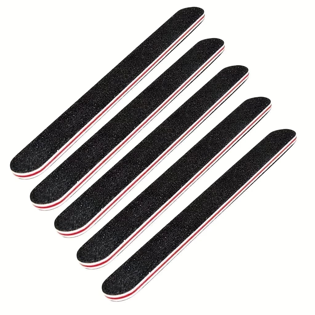 5pcs Double-Sided Grit Nail Files - Black Manicure Pedicure Tools with Red & White Stripes, Unscented Nail Buffing Tools