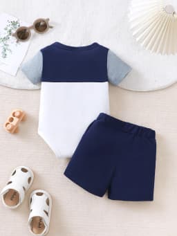 2Pcs Baby Boy Summer Set Color Blocked Short Sleeved+Shorts Set Suitable for 0-18 Month Old Male Baby Sports and Leisure Set