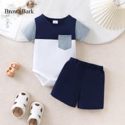 2Pcs Baby Boy Summer Set Color Blocked Short Sleeved+Shorts Set Suitable for 0-18 Month Old Male Baby Sports and Leisure Set