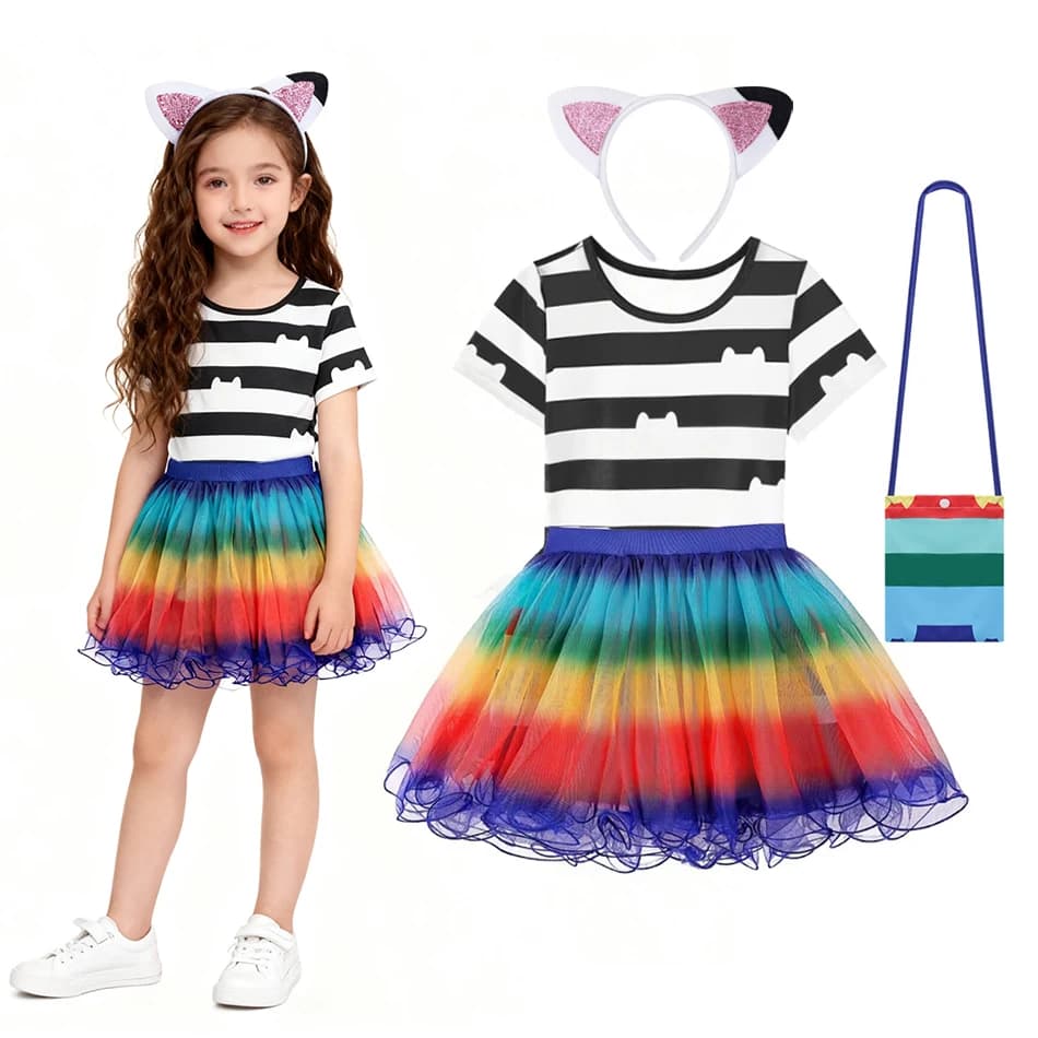 Girls Cute Dollhouse Pattern Tutu Dress Set with Bag Kids Sleeveless Party Wear Summer Layered Net Skirt Birthday Gift for Girl