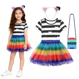Girls Cute Dollhouse Pattern Tutu Dress Set with Bag Kids Sleeveless Party Wear Summer Layered Net Skirt Birthday Gift for Girl